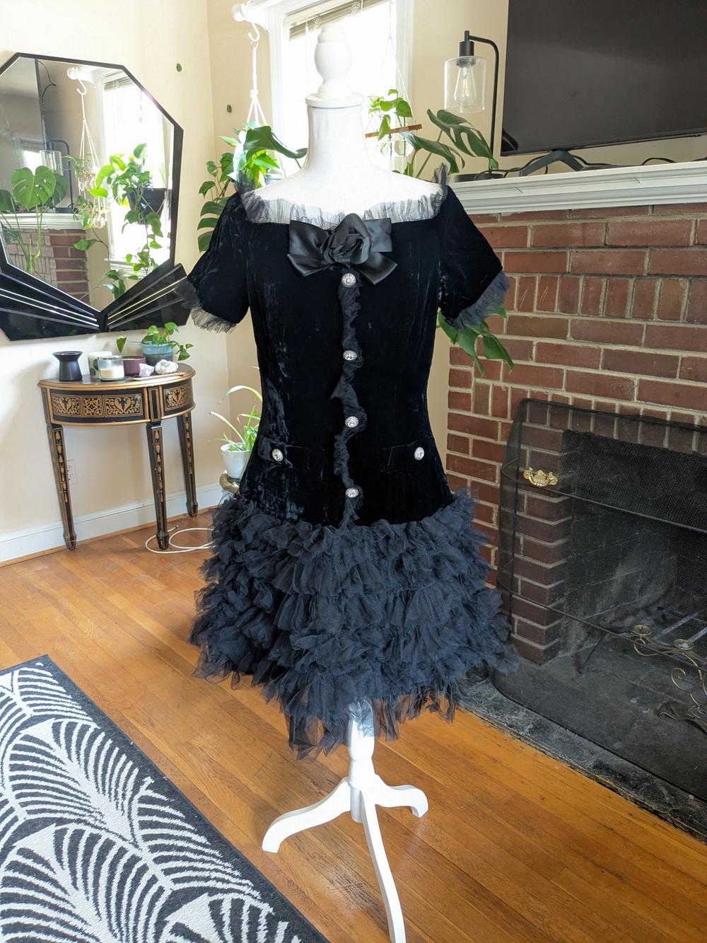 1980s Belleville Sassoon Black Velvet And Tulle Drop Waist And Off The Shoulder